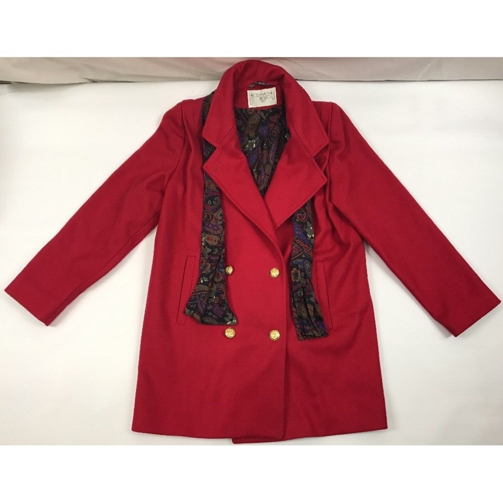 INTERNATIONAL Scene Red Wool Coat Matching Rayon Scarf Womens Size‎ 9/10 Vintage